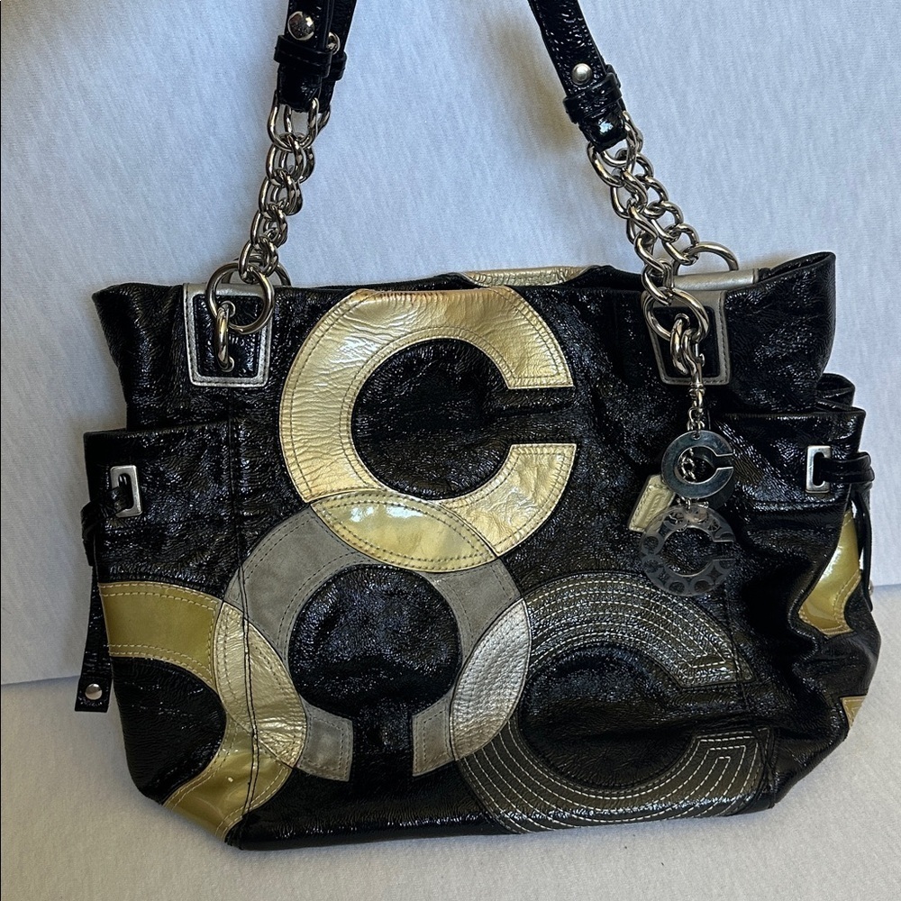 Coach Vintage “C” Signature Inlaid Black Gray Gold Patent Leather Peyton Tote - Picture 14 of 16